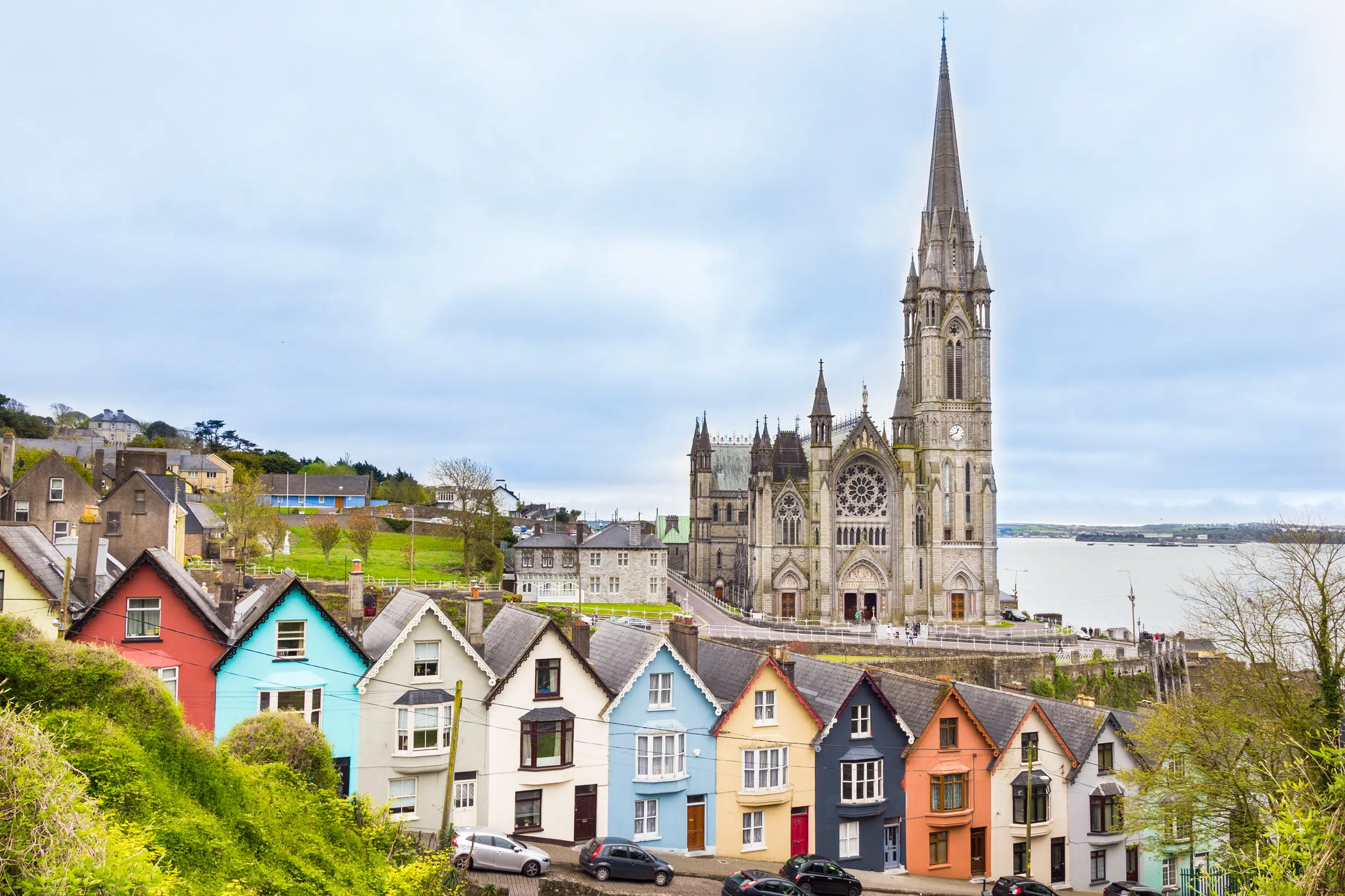 Cathedral and colored houses in Cobh, Ireland